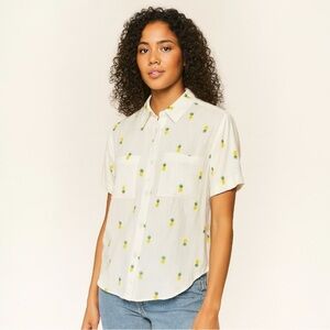 NWT Rae Dunn Pineapple Print Linen Blend High Low Button Up Top - Small
